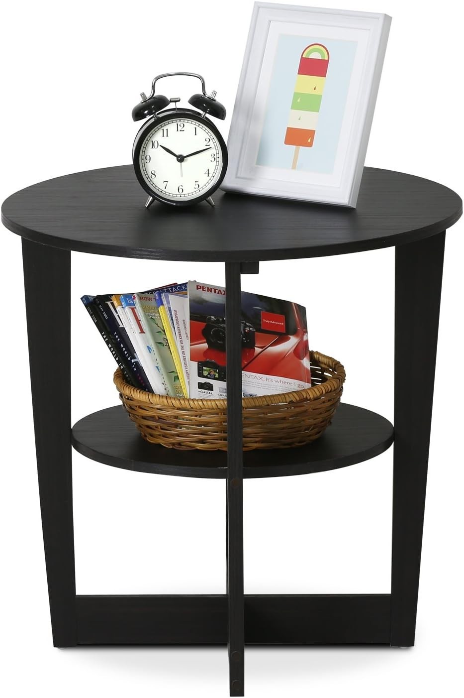Contemporary 2-Tier Oval Nightstand with Open Shelf – Walnut Finish, 15.6″x18.9″