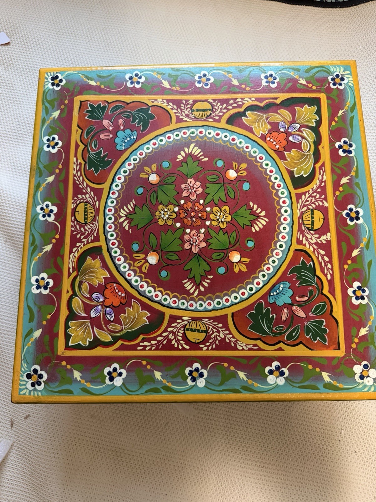 Square Hand-Painted Floral Wood Coffee Table, Multicolor, Made in India