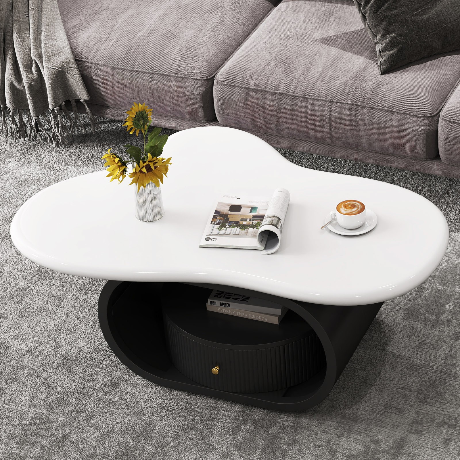 Black+White 39″ Irregular Coffee Table Center Table w/ Drawer,Shelf Home Office