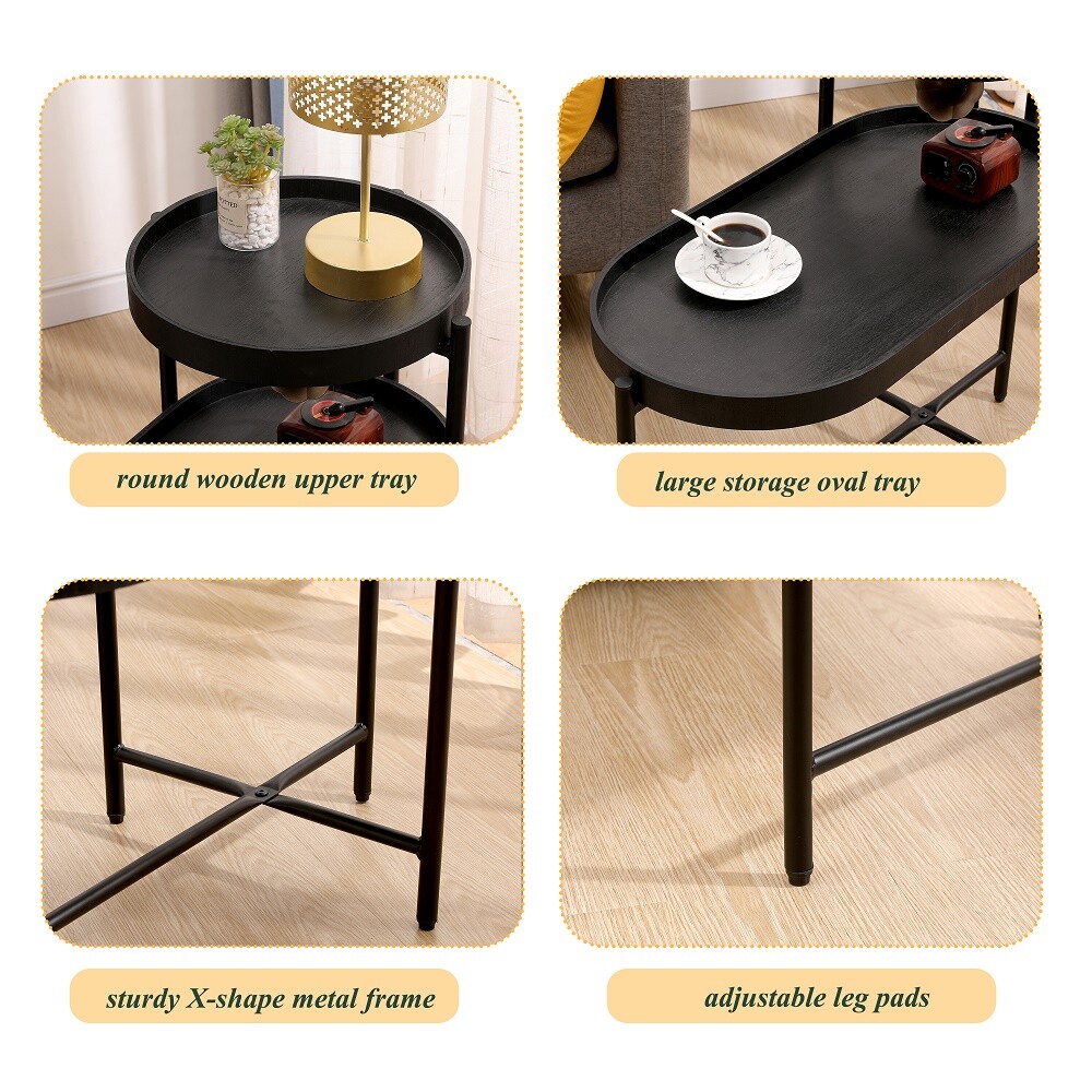 2-Tier Black Side Table with Storage Sofa Table Metal Frame & Wooden End Table
