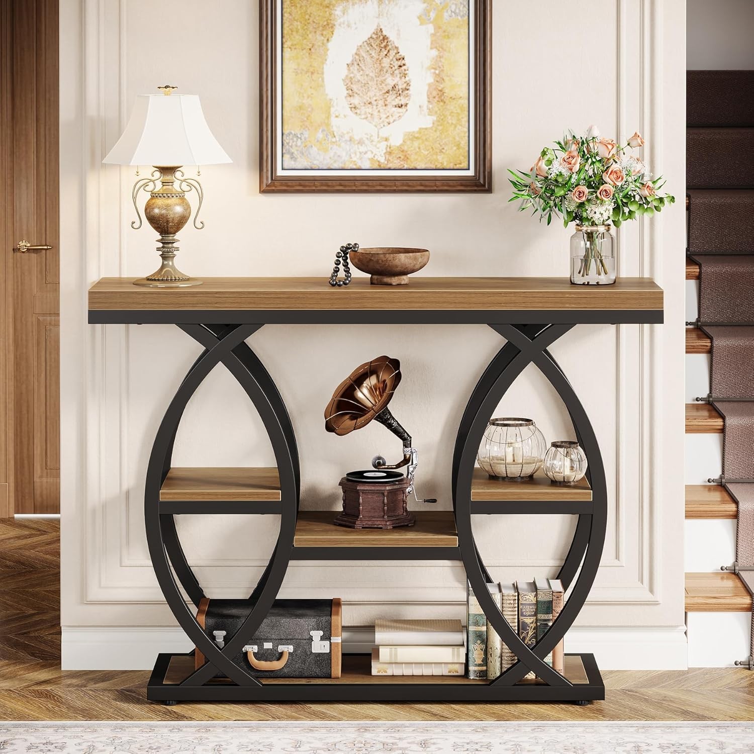 39.4” Industrial Console Table, Narrow Entryway Sofa Table with Storage Shelves