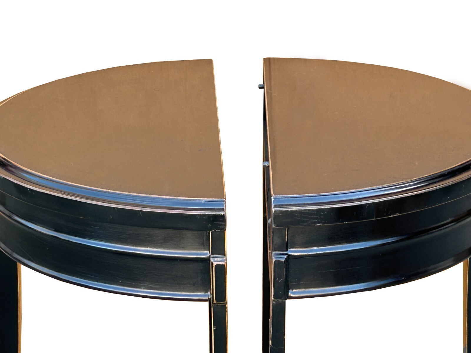 Chinese Black Lacquer Wood 2 Half Side Round Pedestal Center Table ws3934