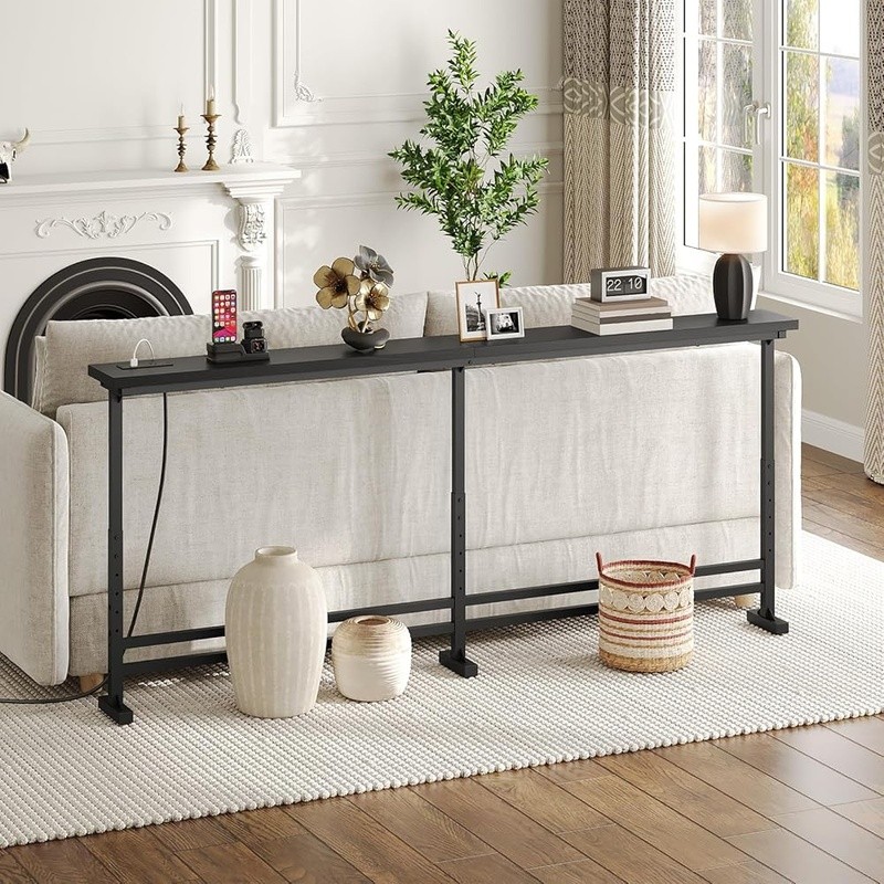 Adjustable Console Table W/ Power Outlet USB Type-C Behind Couch Space Saver