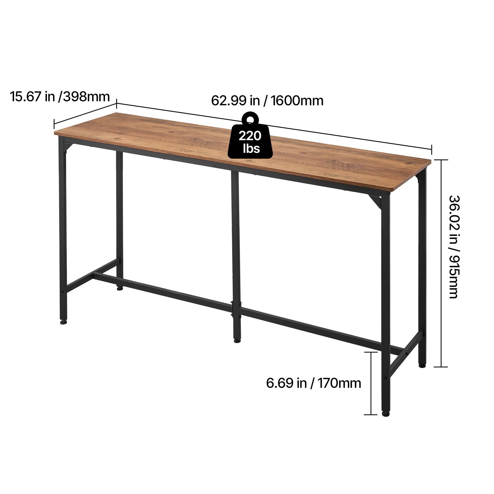 53″ Rectangular High Top Bar Table with Rounded Edge, Light Brown and Black
