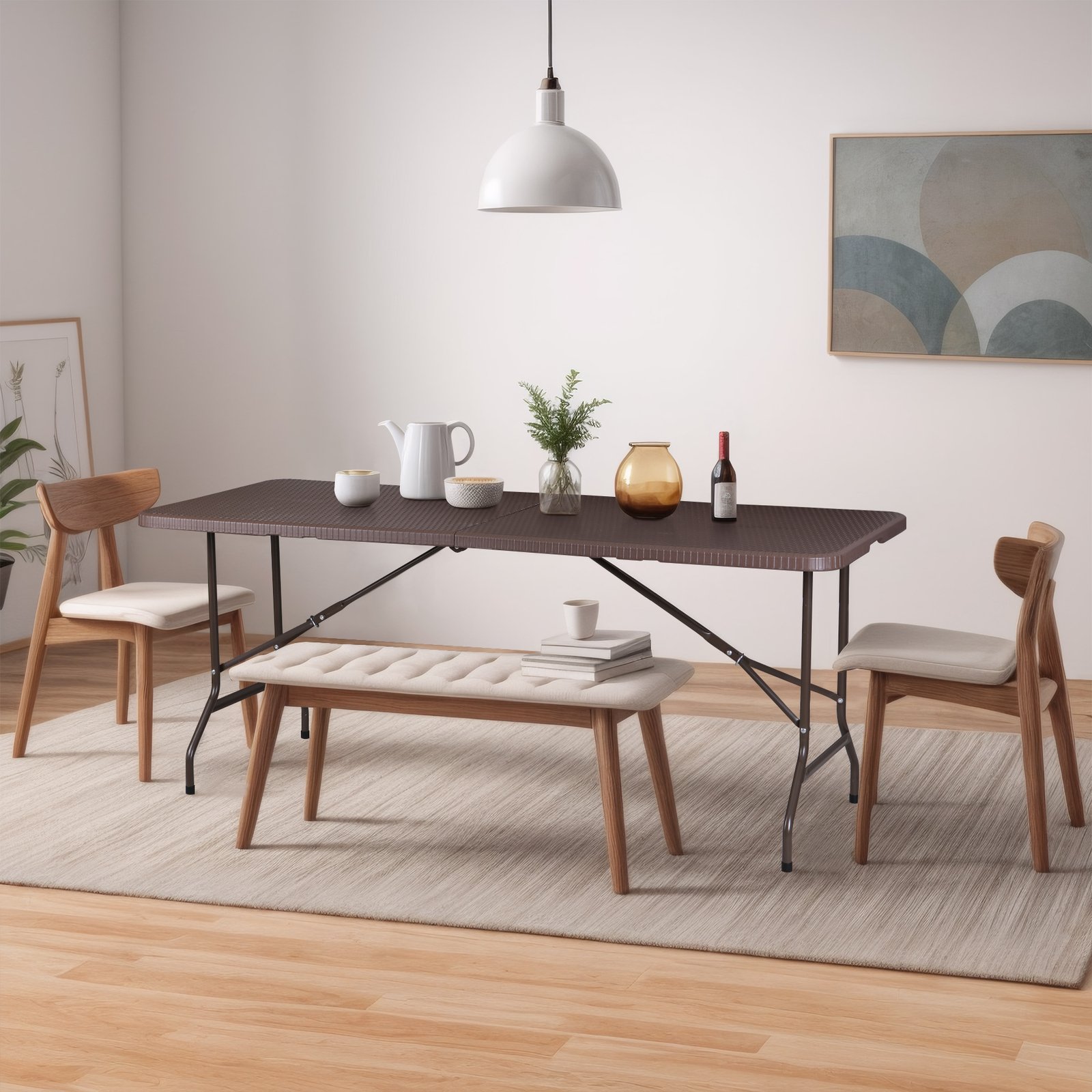 6FT Plastic Folding Table Portable Fold-in-Half Picnic Table with Handle Brown