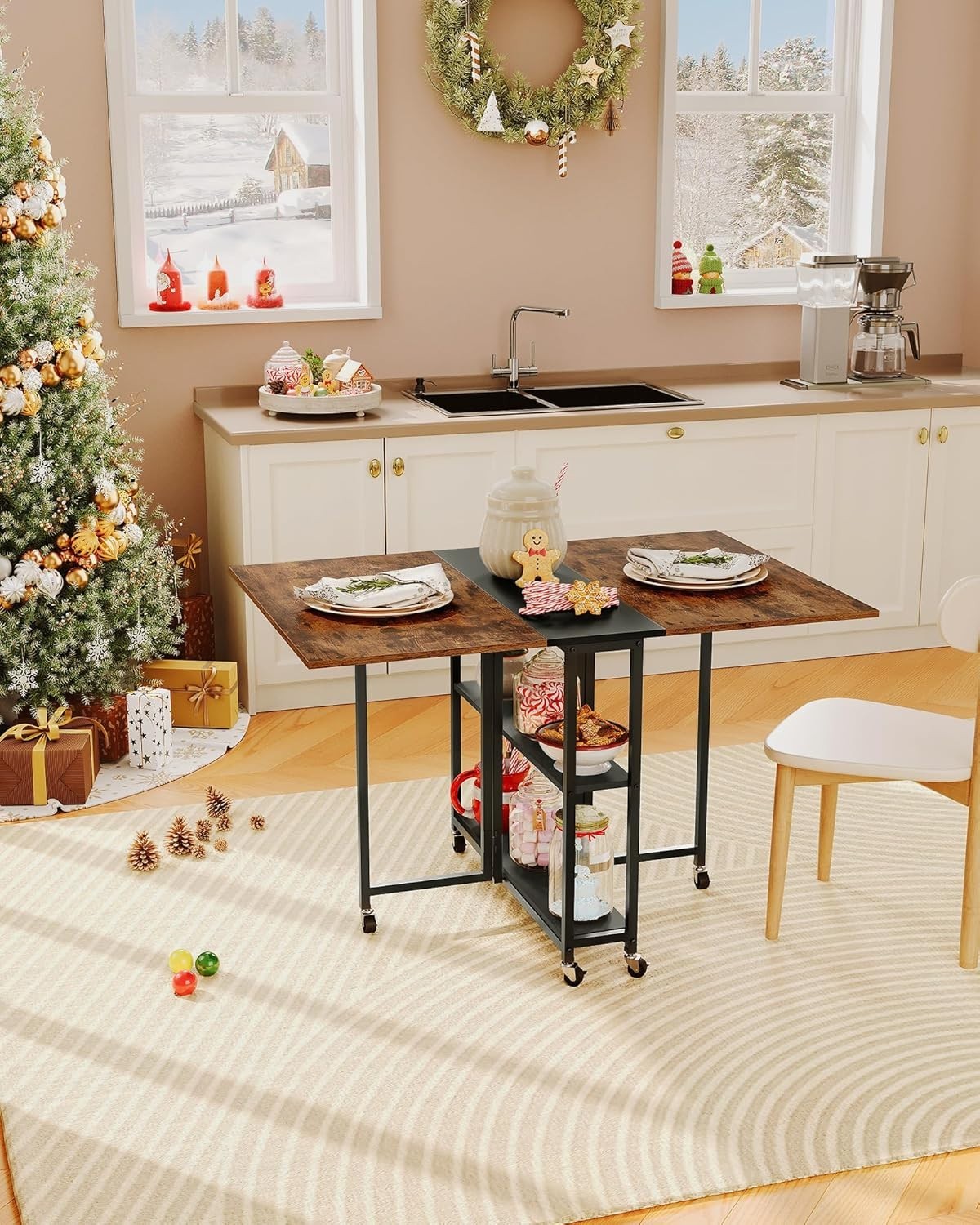 Rustic Folding Dining Table with 6 Wheels & 2-Tier Shelf – 4 Seats, Space-Saving