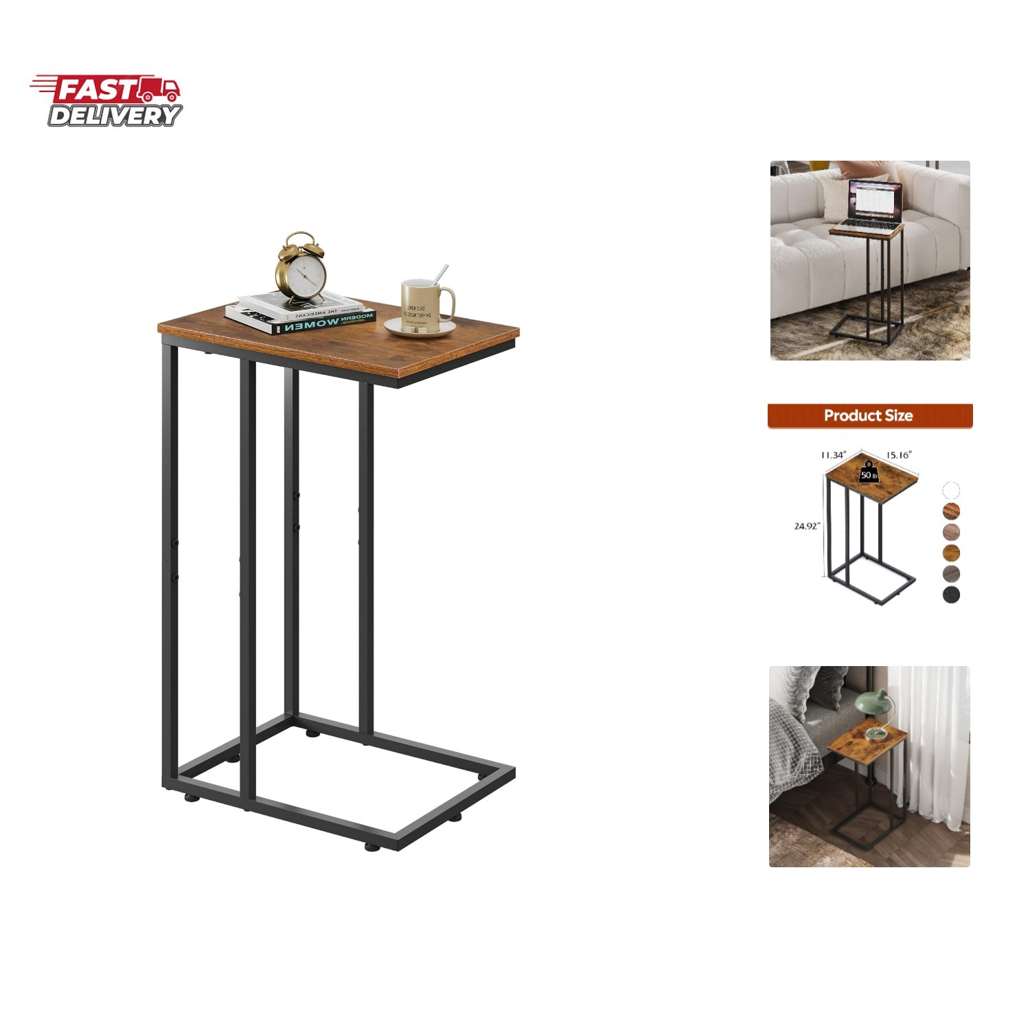 C Shaped End Table, Small Side Table for Couch, Sofa, TV Tray C Table for Liv…