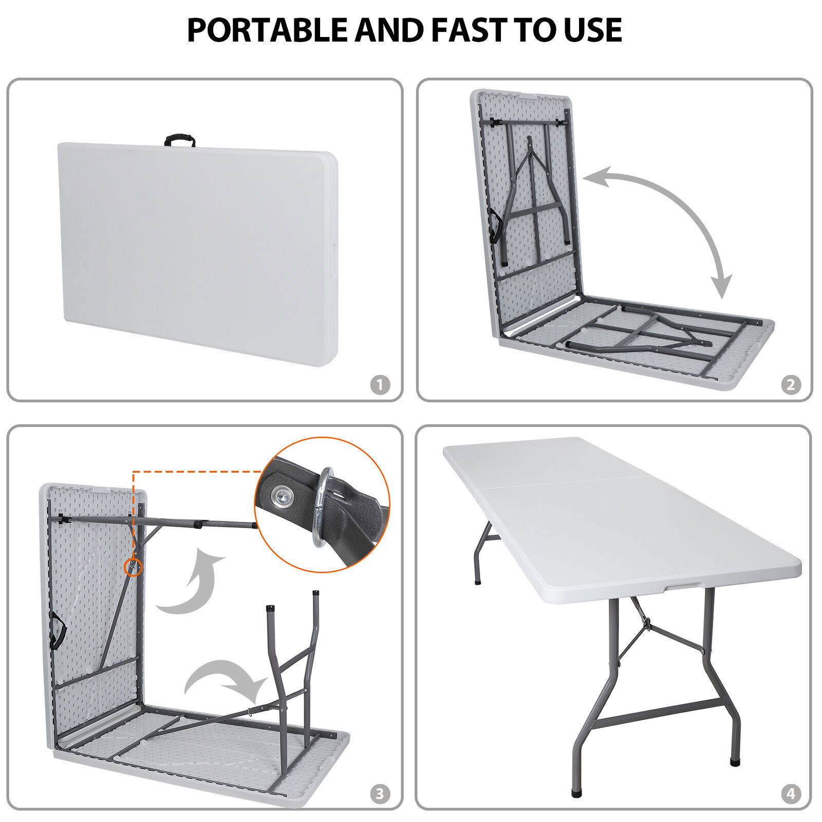 Portable 8ft Plastic Folding Table w/Handle Lock for Picnic Camping Heavy Duty
