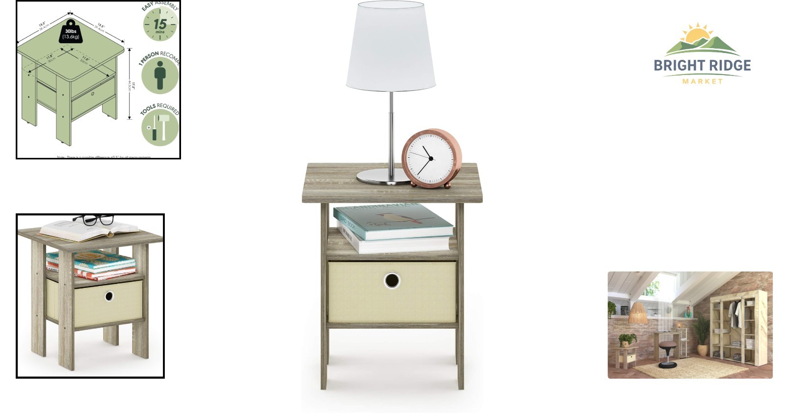 Engineered Wood Night Stand with Open Shelves for Living Room Organization