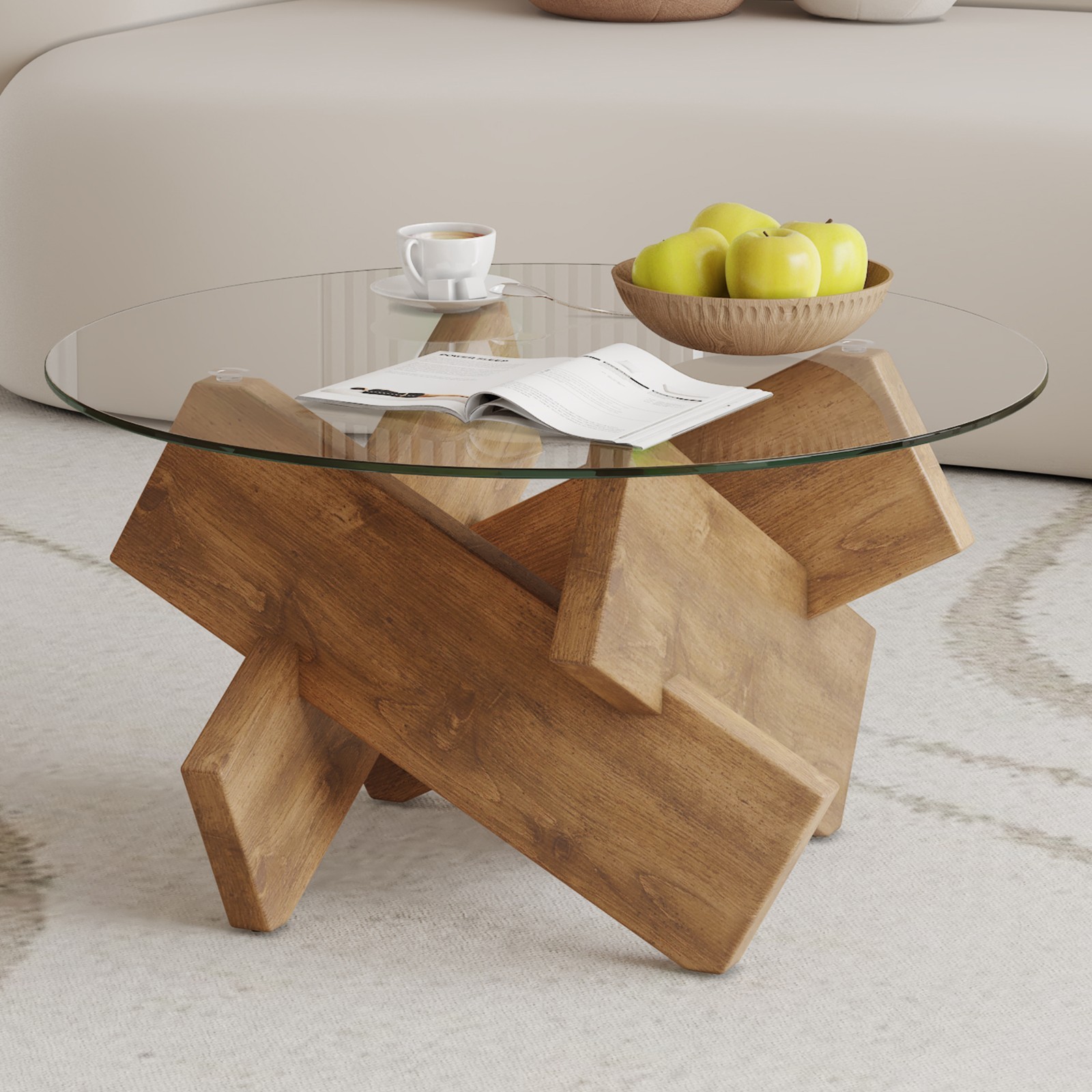 33.4″ Round Tempered Glass Coffee Table Cross MDF Wood Leg Modern Farmhouse