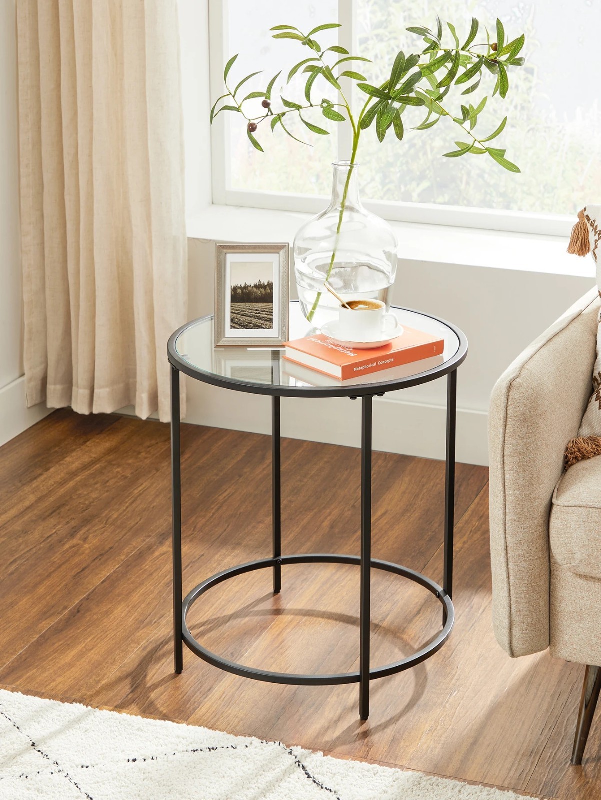 VASAGLE Round Glass Side Table Gold Metal Frame 19.7in