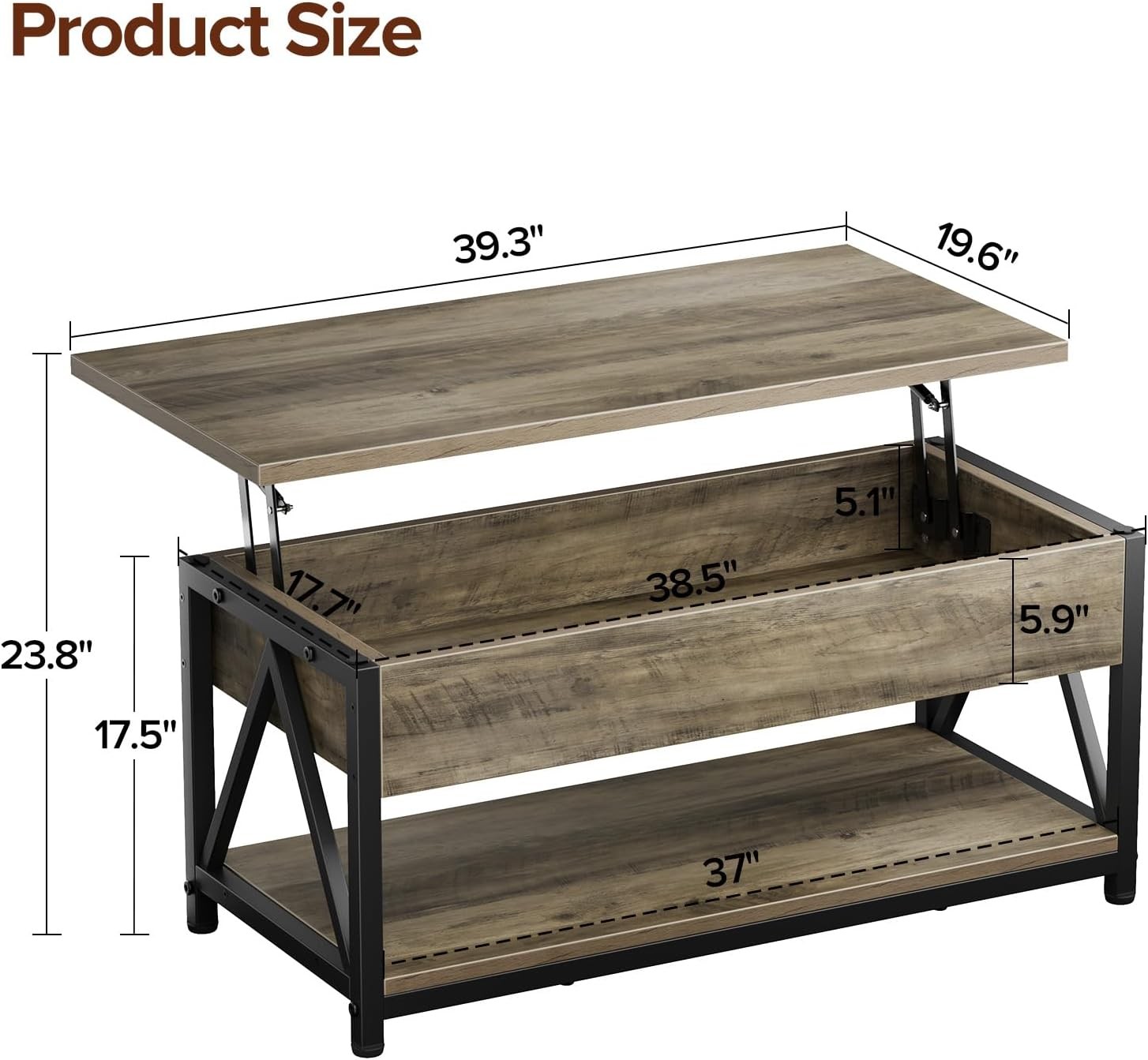 Lift Top Coffee Table W/ Storage Shelf,Grey Lift Coffee Tables W/ Large Hidden