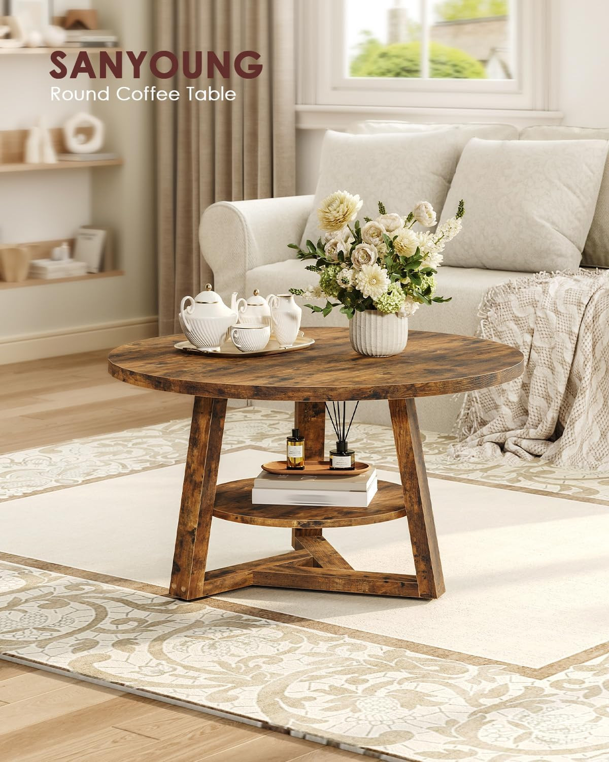 Modern Rustic Round Coffee Table with Storage, 27.6″ Dia, Easy Assembly
