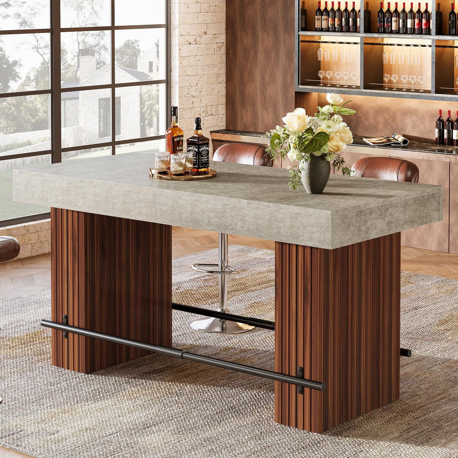 62.2 Inch Bar Height Rectangular Table with Metal Footrest Gray Cement Red Brown
