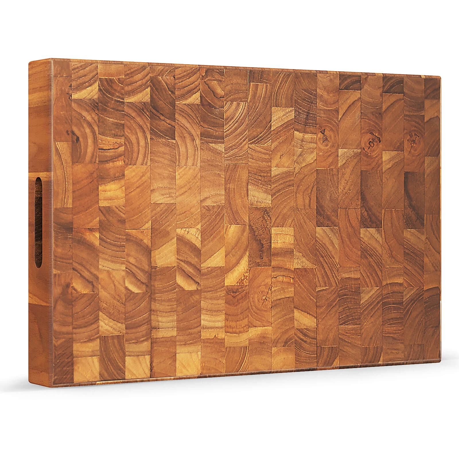 End Grain Cutting Board 18″ Teak Wood Chopping Block with Hand Grip