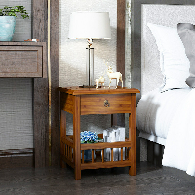 Rustic Side End Table Night Stand with Shelves & Drawer for Bedroom Living Room