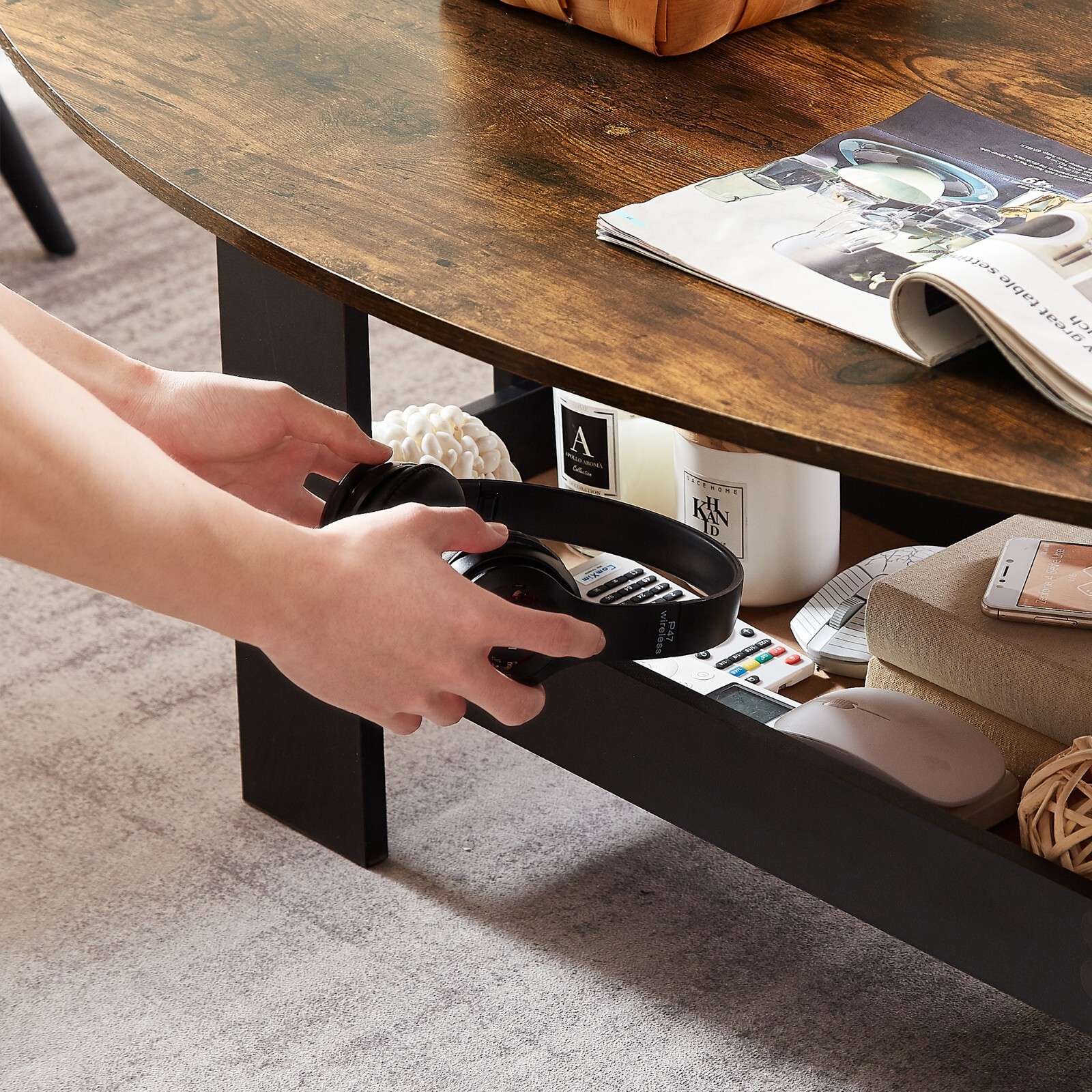 VECELO Rustic Brown Oval Wooden Top Coffee Table with Storage Shelf End Table