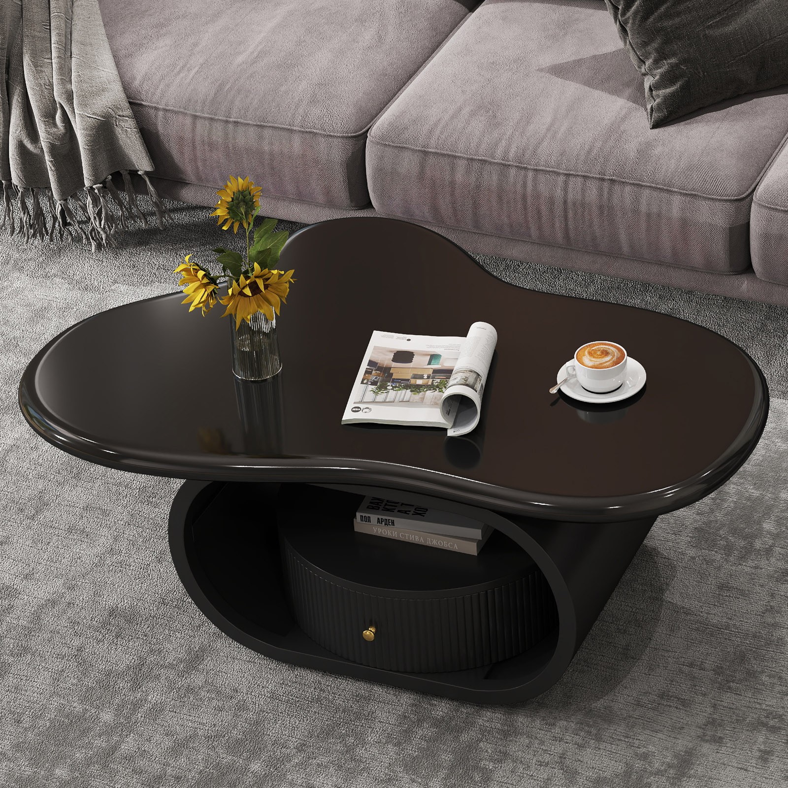 Modern 39″ Black Coffee Table Cloud Center Table MDF Metal w/ Drawer Living Room