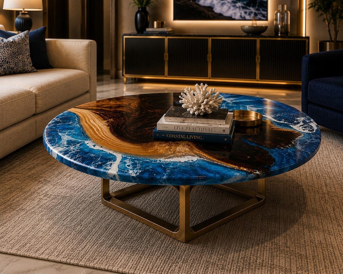 Ocean Epoxy Round Table – Luxury Handmade Resin Furniture Round Ocean Wave Table