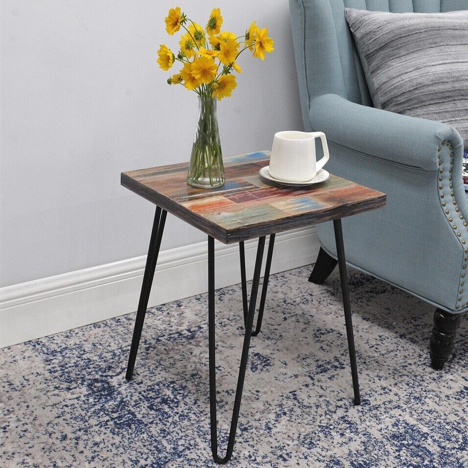 Greenage Reclaimed Wood Side Table with Carving Square Hairpin Legs End Table