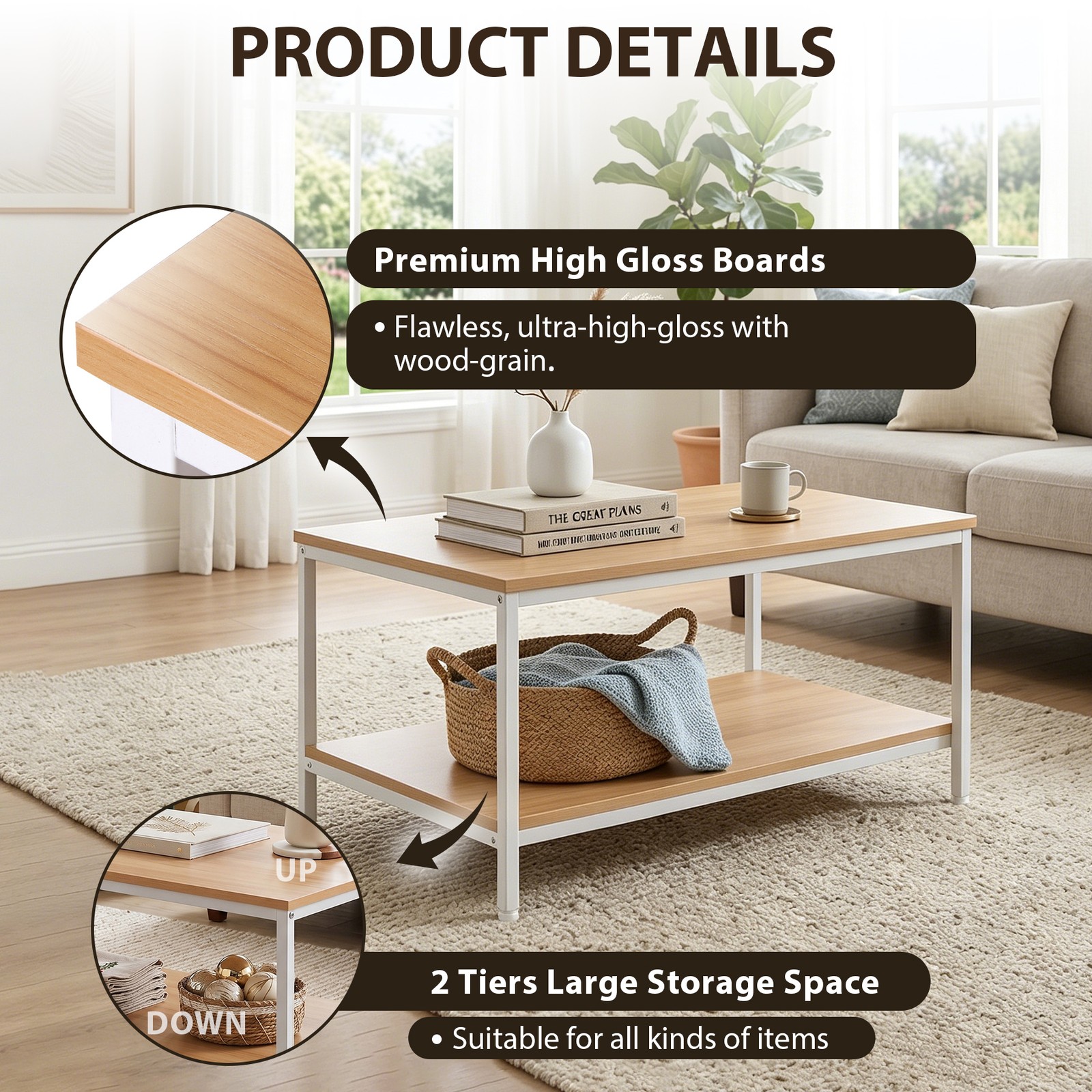 2-Tier Rectangular Coffee Table MDF Side End Table with Metal Frame Light Oak