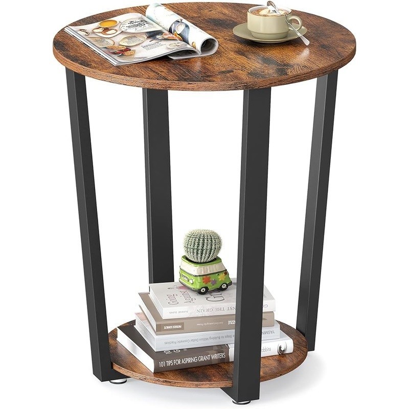 Round Side Table W/ Storage Shelf Industrial Style Living Room Accent Table New