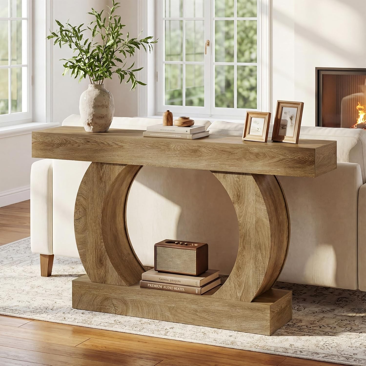 59-Inch Farmhouse Console Table, Curved Entryway Table with Unique Circular Base