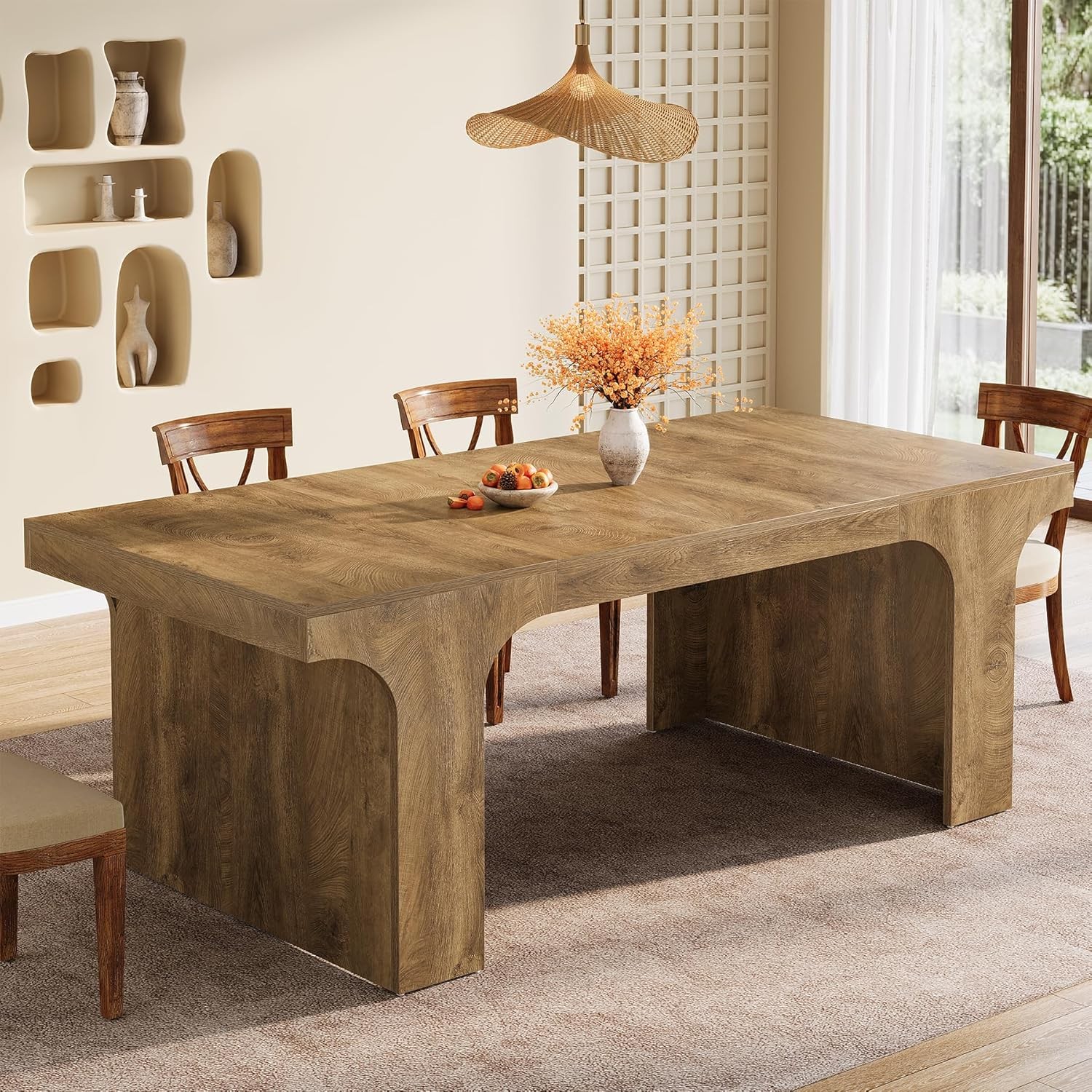 70.87” Large Dining Table for 6-8, Farmhouse Wooden Kitchen Table with Pedestal