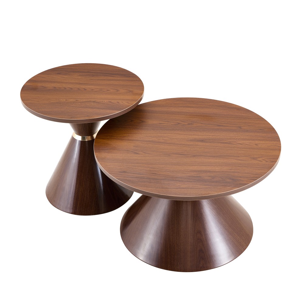 2-Piece Round Coffee Table Set, Walnut Top Metal Base, Nut Brown
