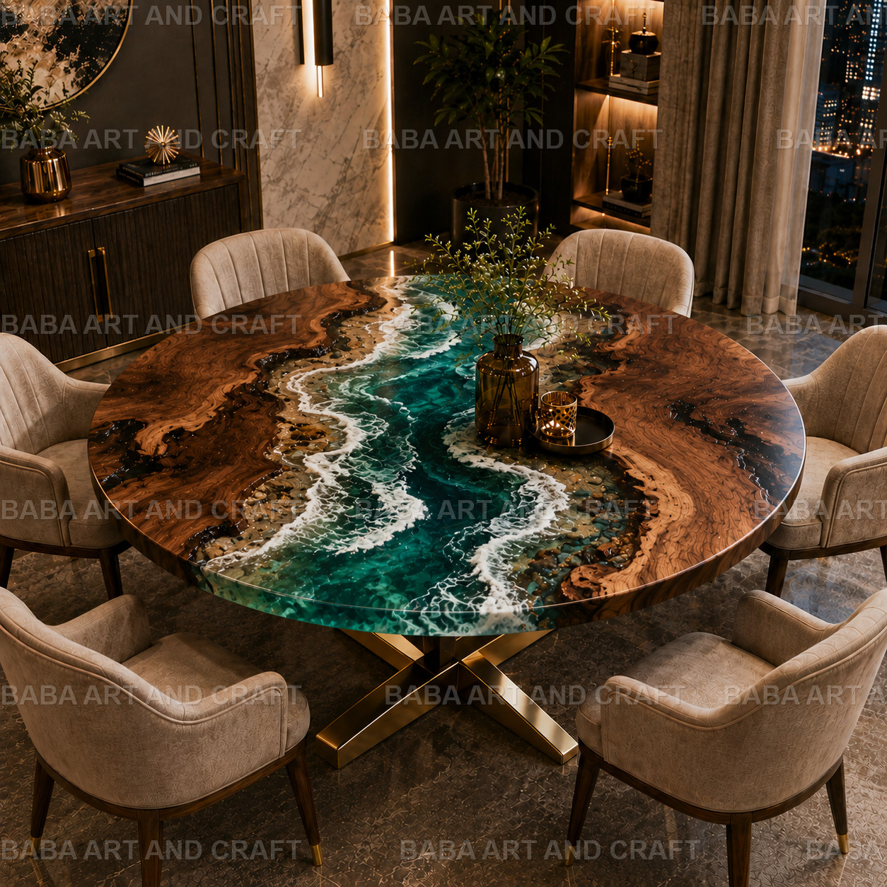 Luxury Round Epoxy River Dining Table Ocean Wave Walnut Wood Custom “24X24”