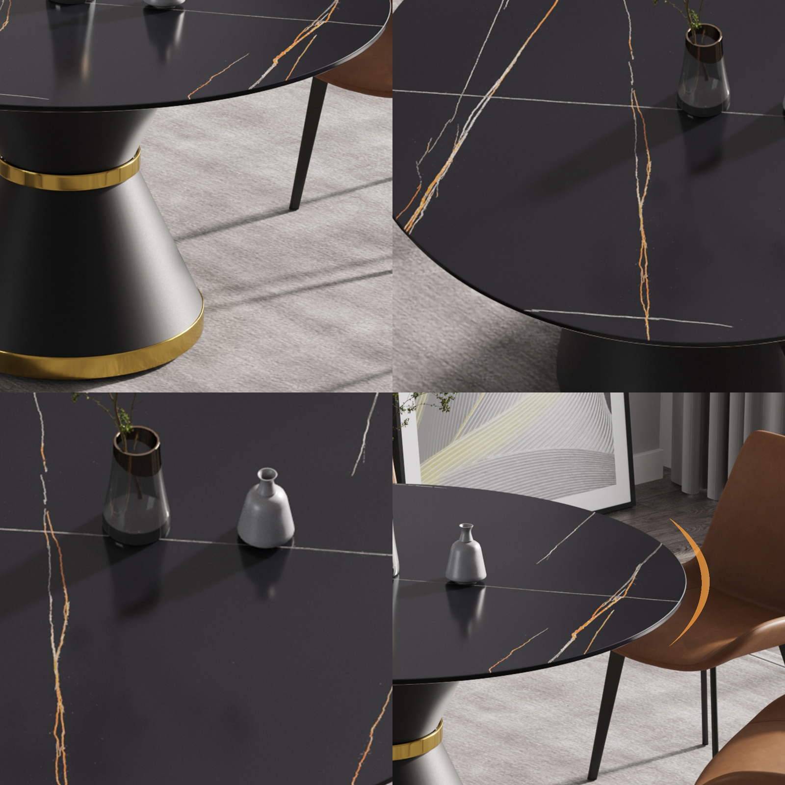 53″ Modern Round Dining Table Black Artificial Stone Top W/Carbon Steel Base