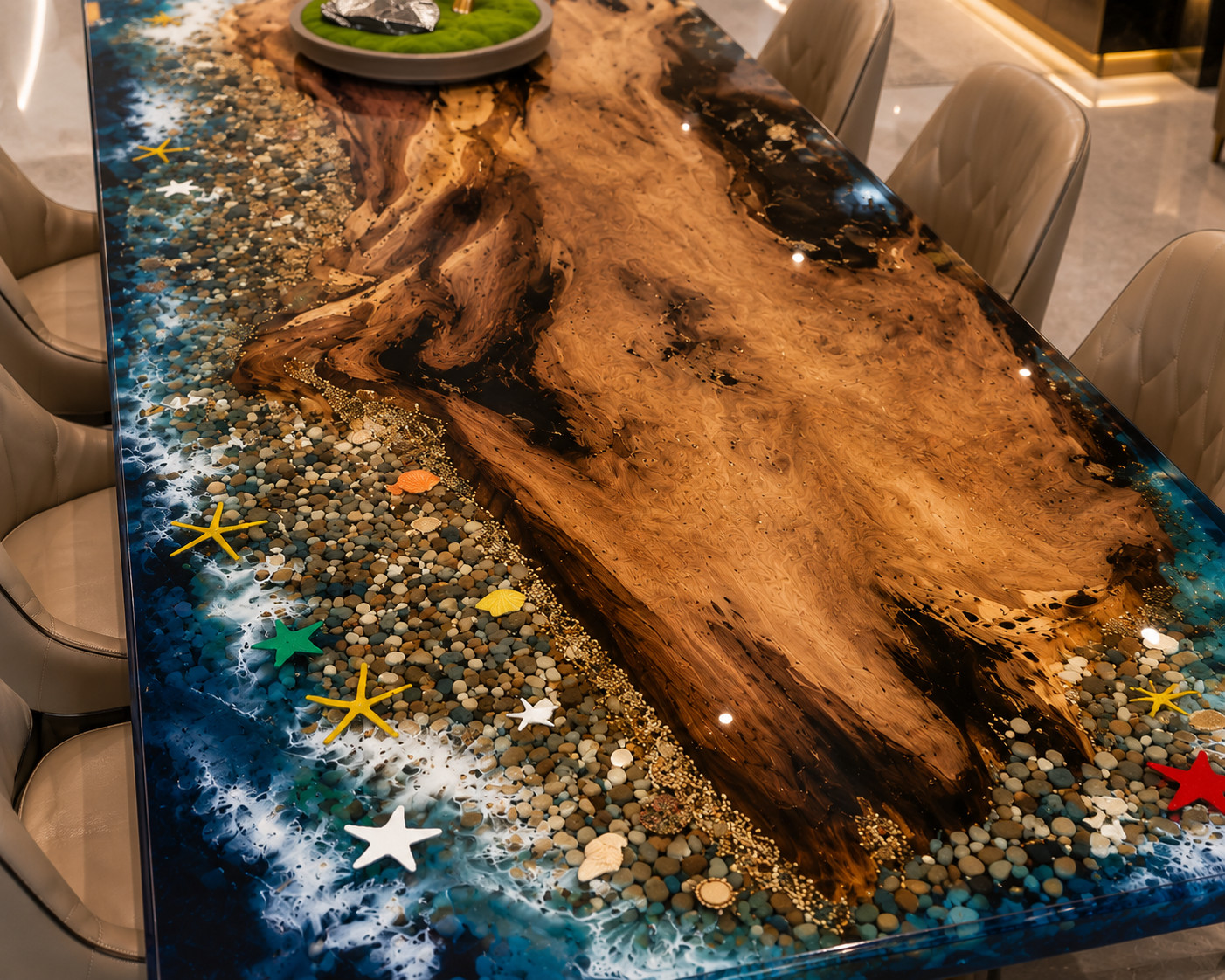 Handmade Ocean Wave Epoxy Dining Table | Live Edge Wood Resin Table