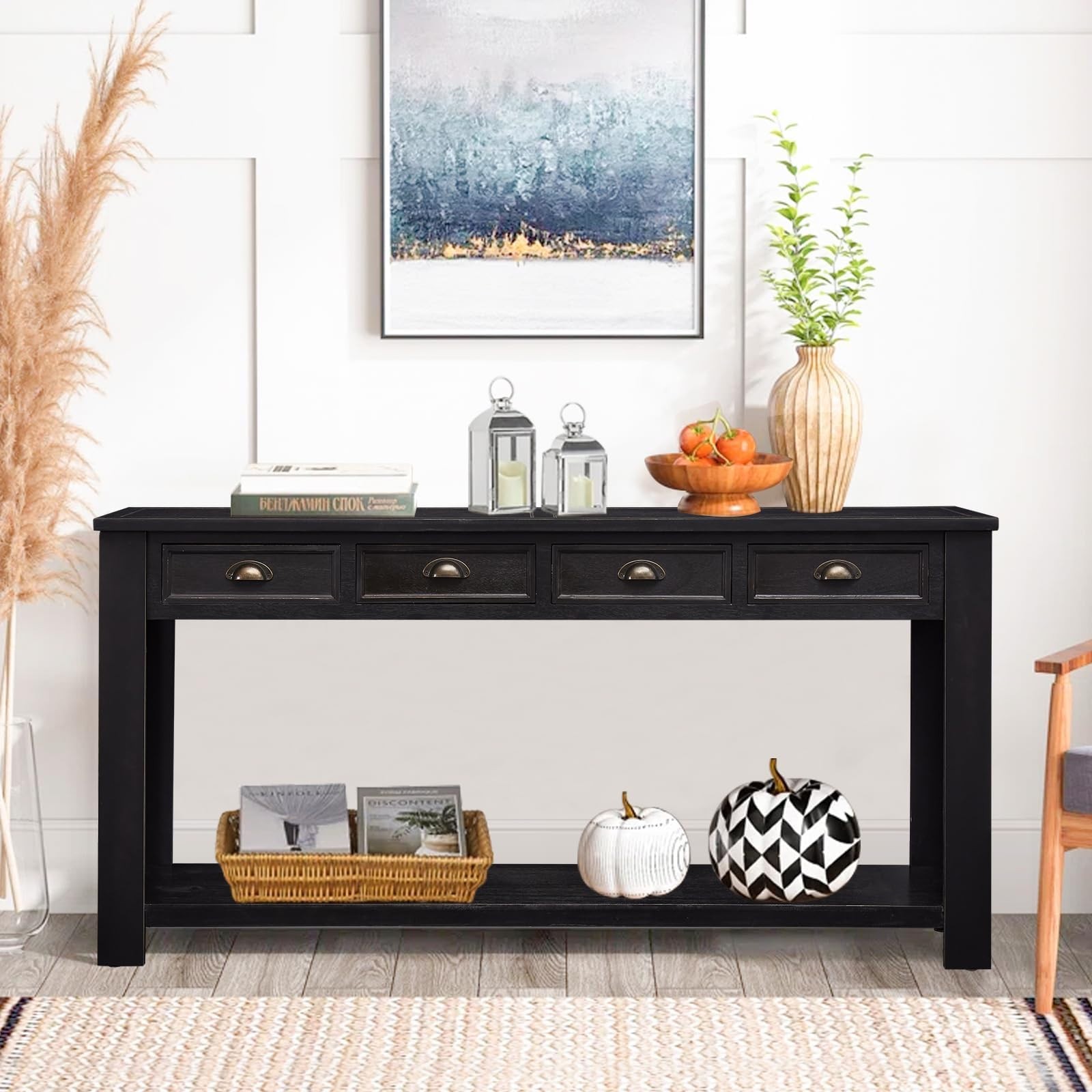 Long Sofa Table – Black 60 Inch Console Tables with 4 Drawers for Living Room