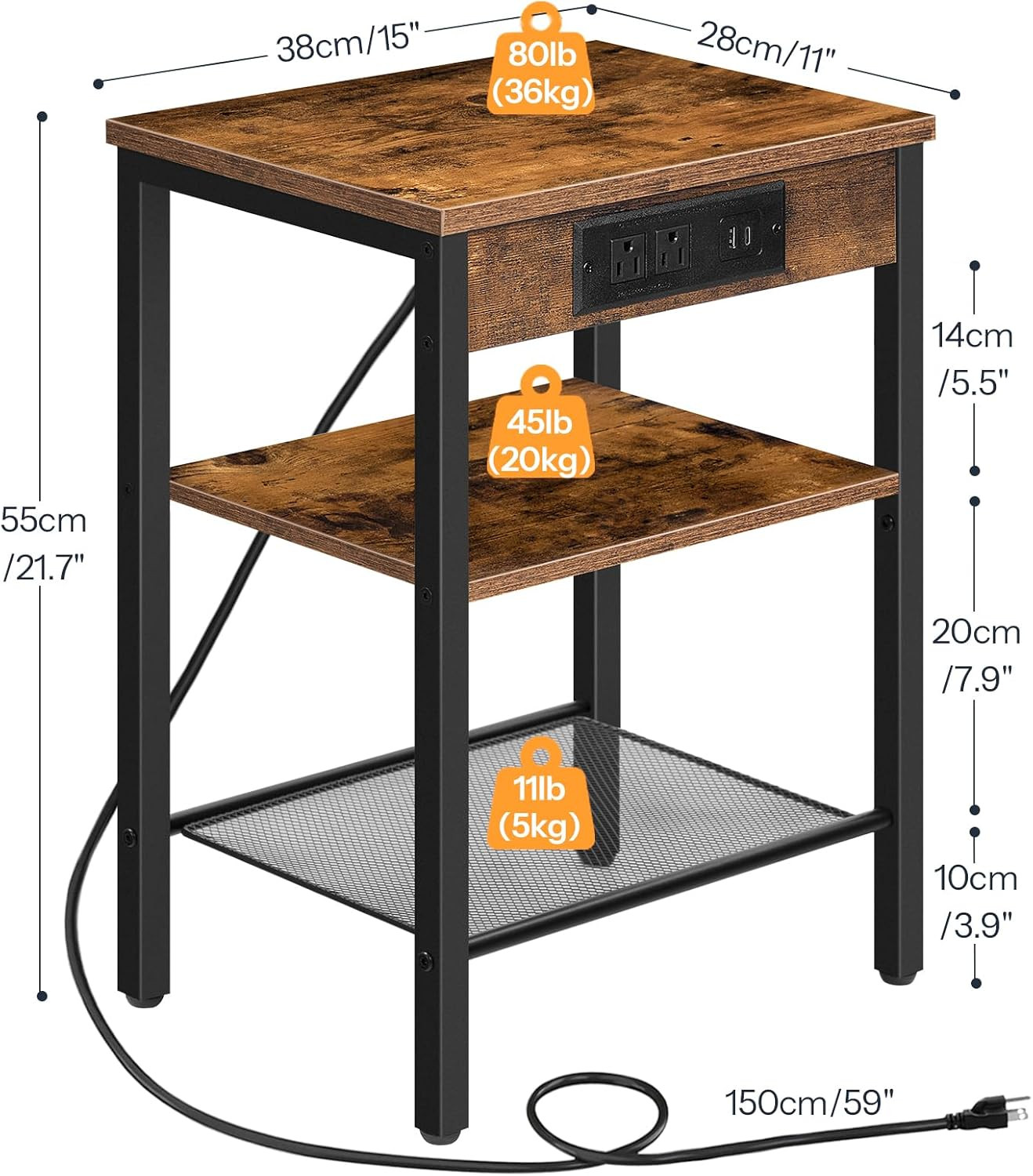 3-Tier Side Table w/ Charging Station & USB Port,Small End Table for Small Space