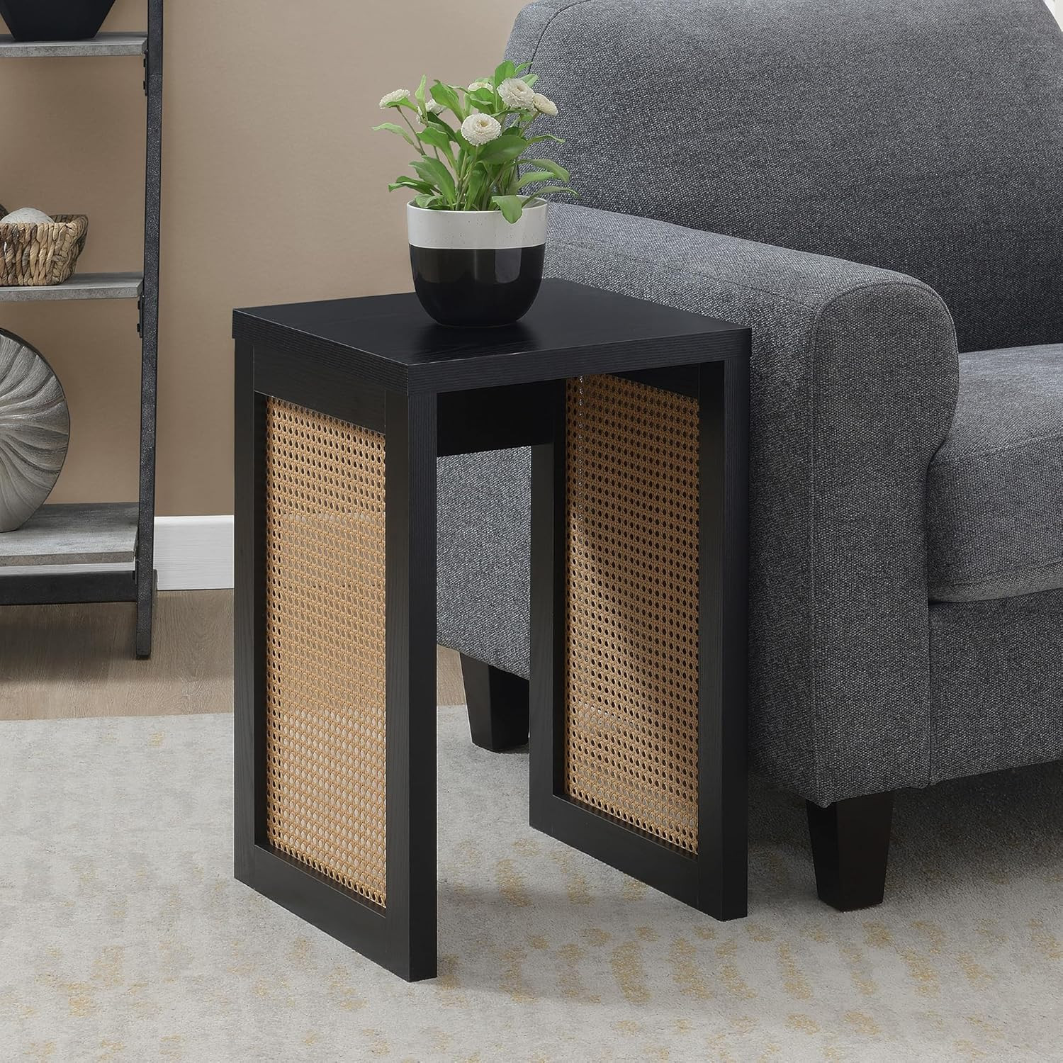 Northfield Weave Rattan End Table – Boho Wicker Side Table in Black/Beige