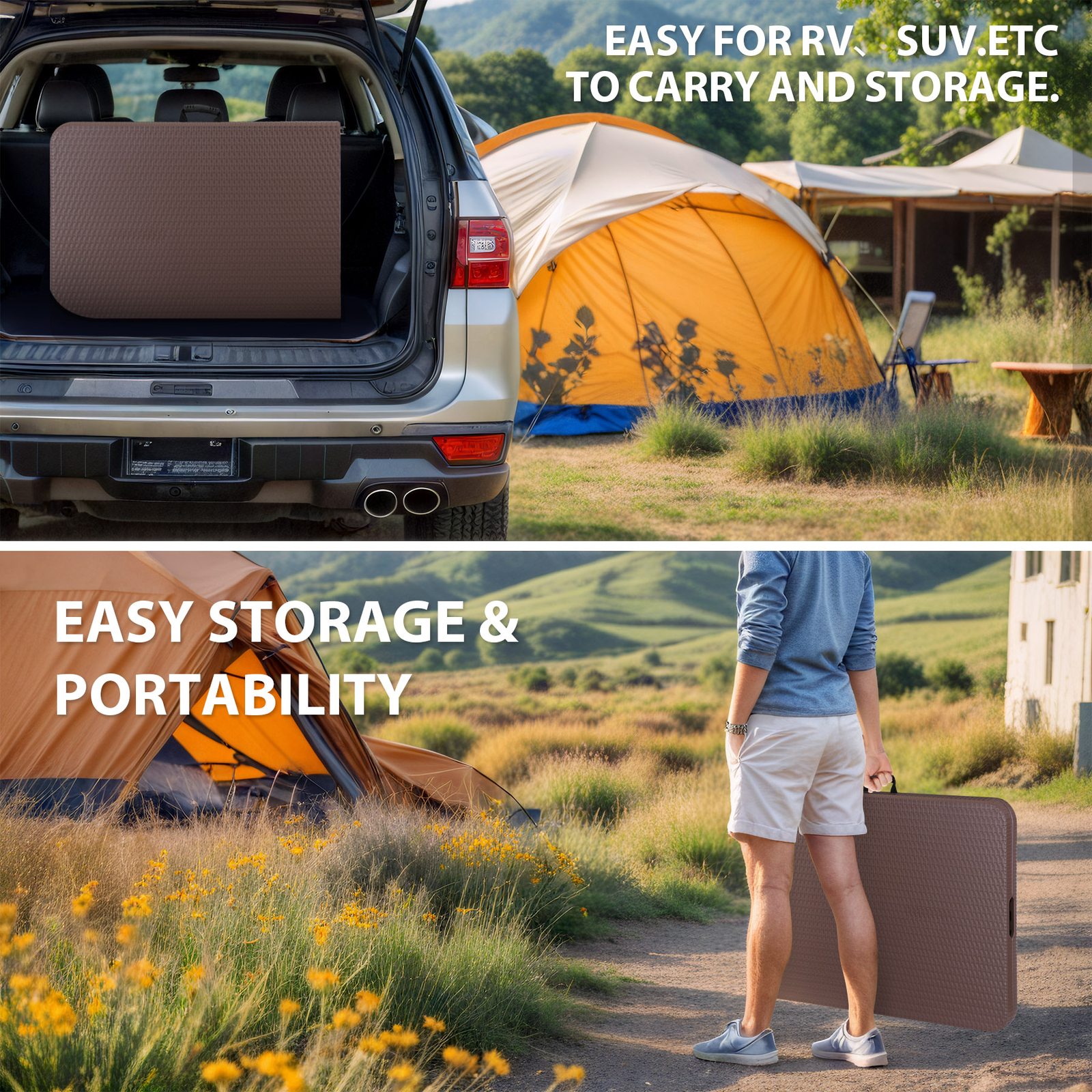6FT Plastic Folding Table Portable Fold-in-Half Picnic Table with Handle Brown