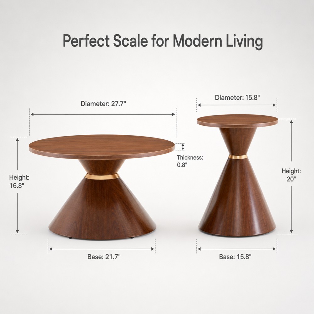 2-Piece Round Coffee Table Set, Walnut Top Metal Base, Nut Brown