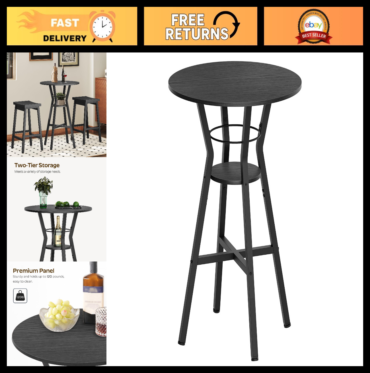2-Tier Round High Top Bar Table – Pub & Bistro Style for Kitchen, Living Room, M