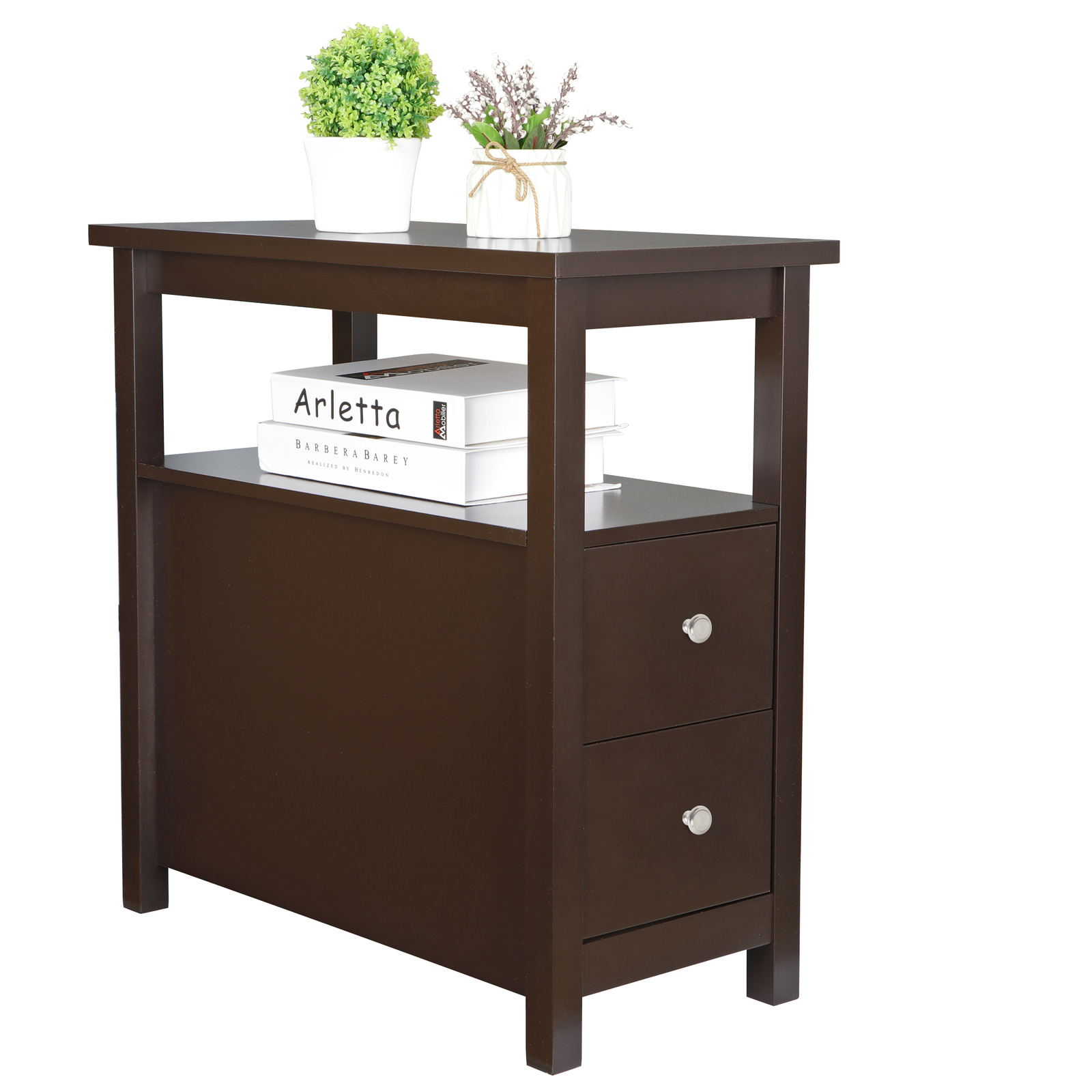 End Table with 2 Drawer and Shelf Narrow Desk for Home Office Storage Unit Brown