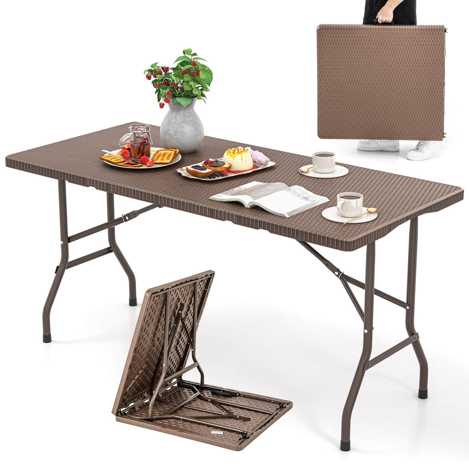 60″ Folding Picnic Table Outdoor Dining Table w/Rattan Grain HDPE Tabletop