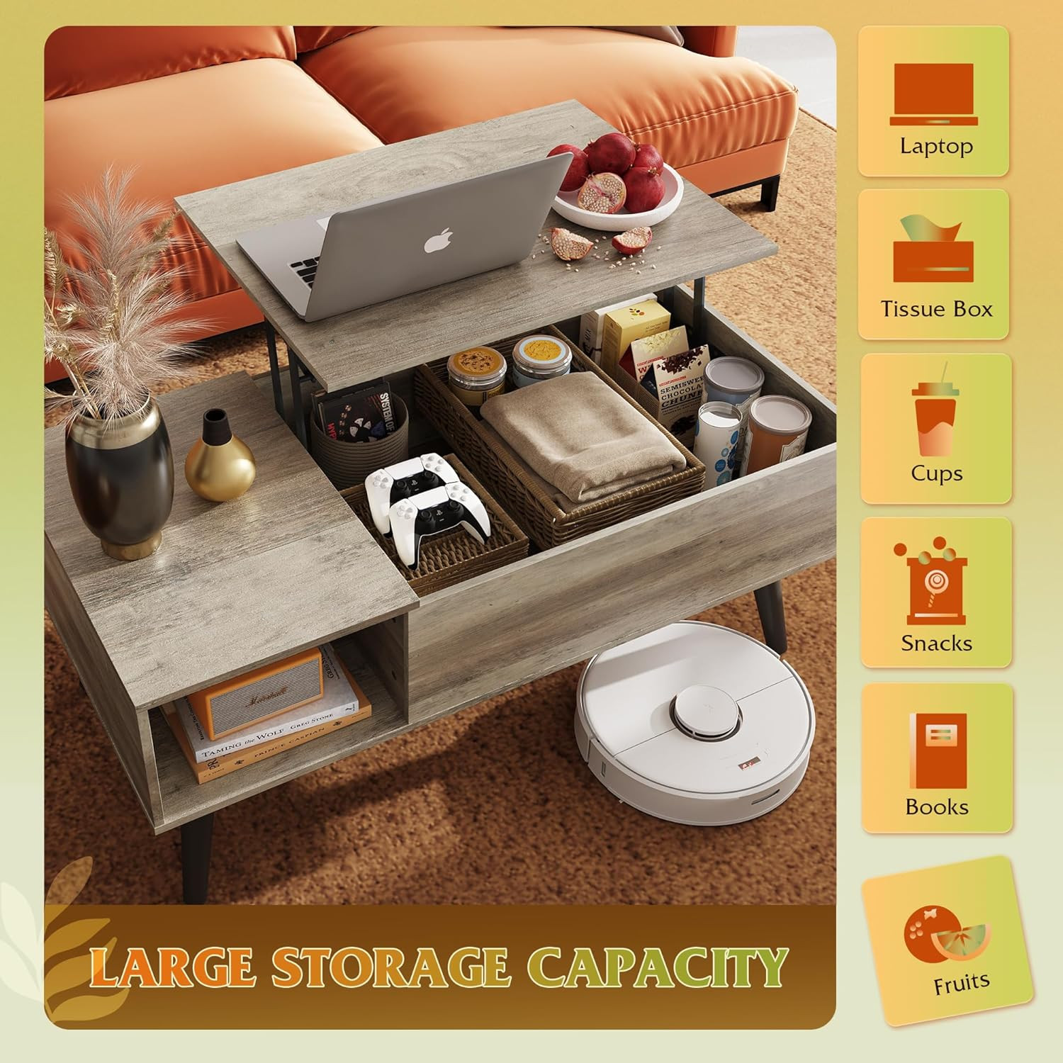 Lift Top Coffee Table with Storage – 39″ Greige Wooden Center Table