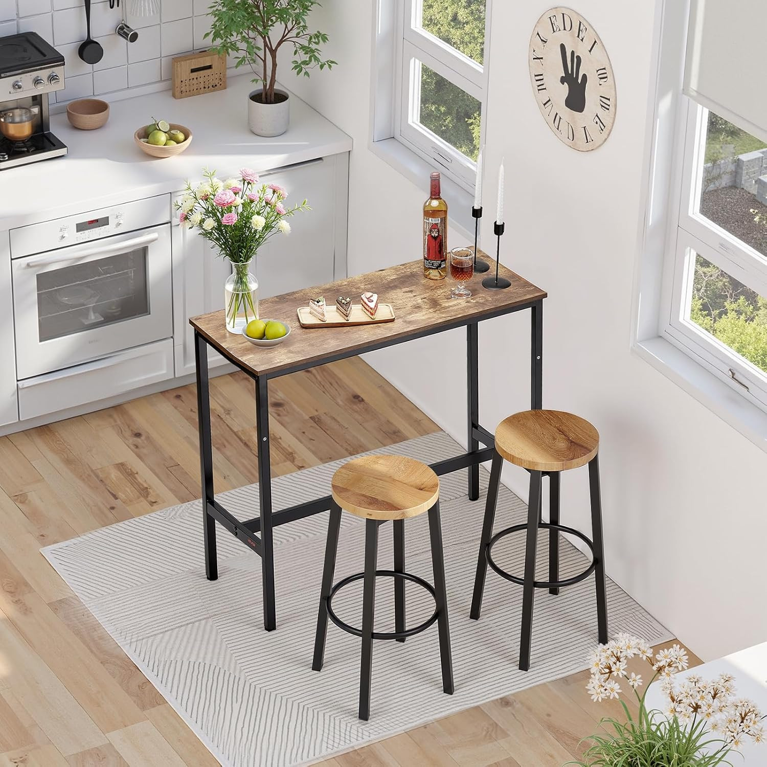 Bar Table, Sturdy Metal Frame High Top Pub Table, Narrow Long Kitchen Dining, Co