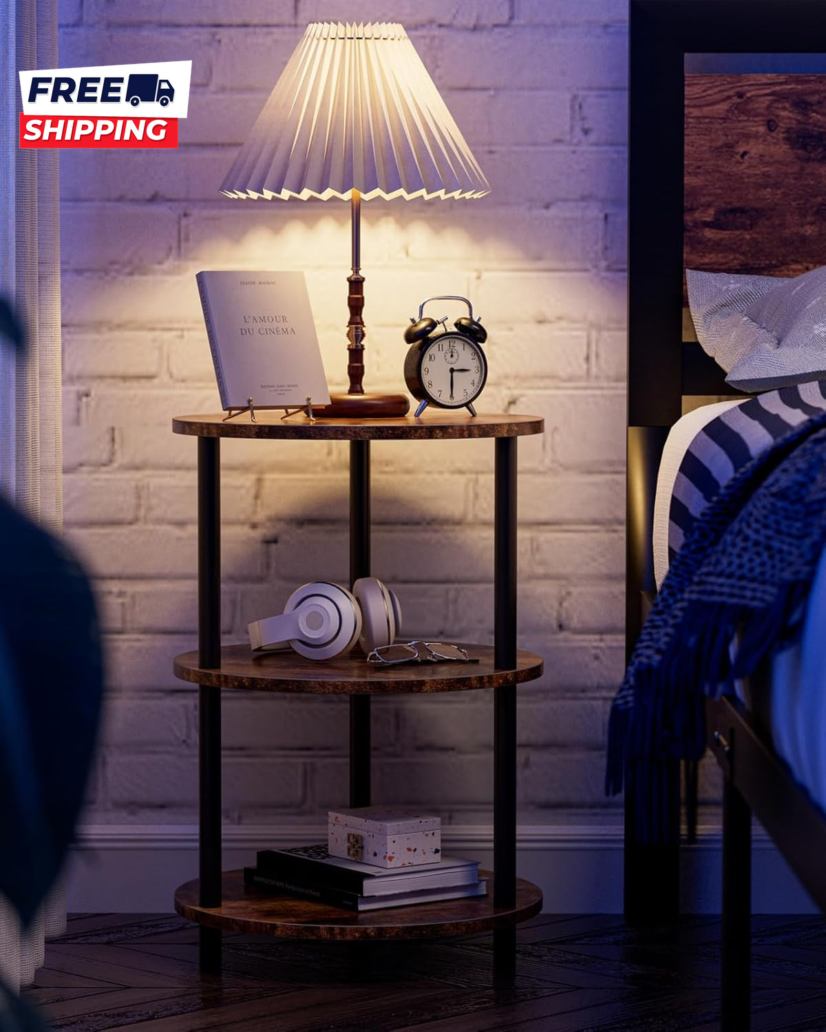 Small round End Table 3 Tier Design Accent Table Narrow Side or Bedside Stand