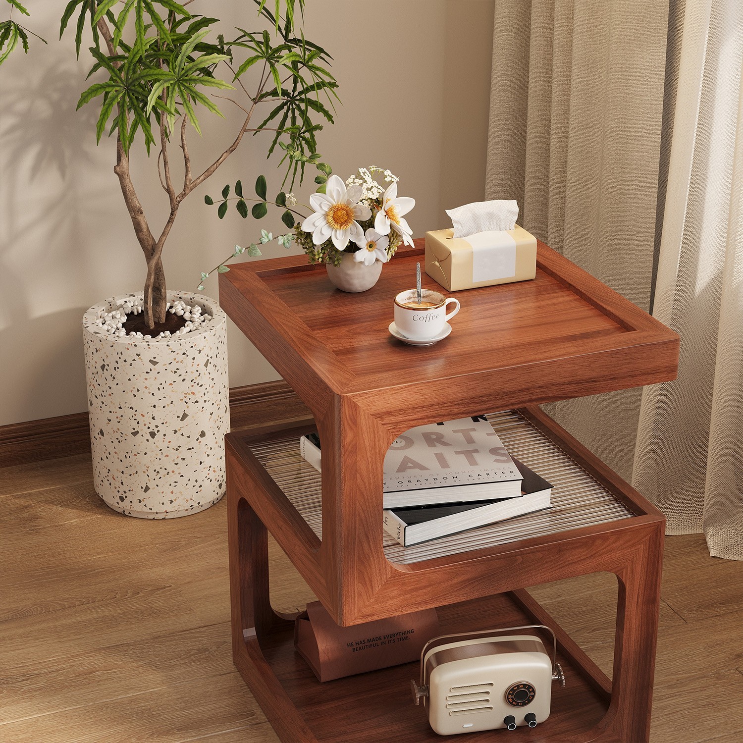 A bedside table that doesn’t require assembly Bedside Table, Walnut Wood Nightst