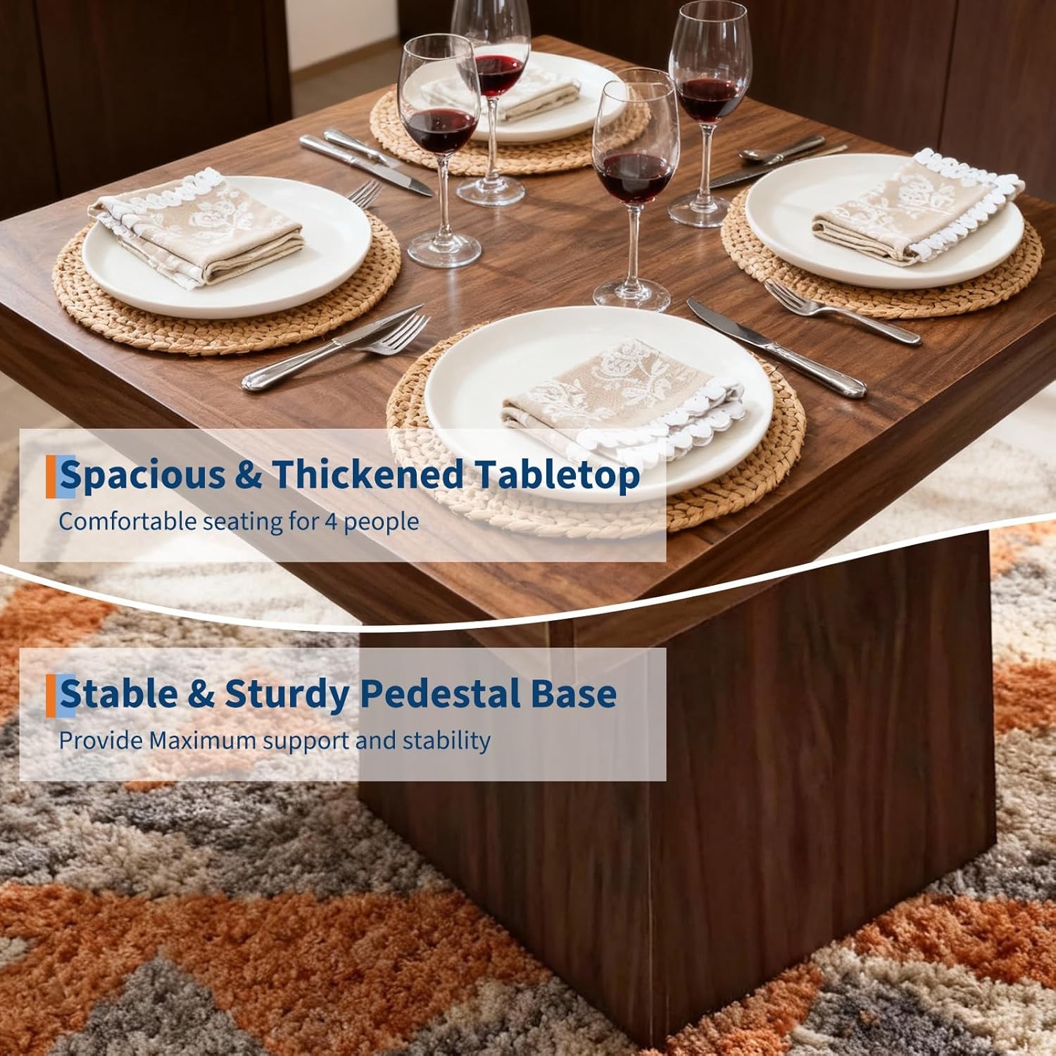 Square Dining Table for 4, 31.5inch Farmhouse Wooden Kitchen Table with Base