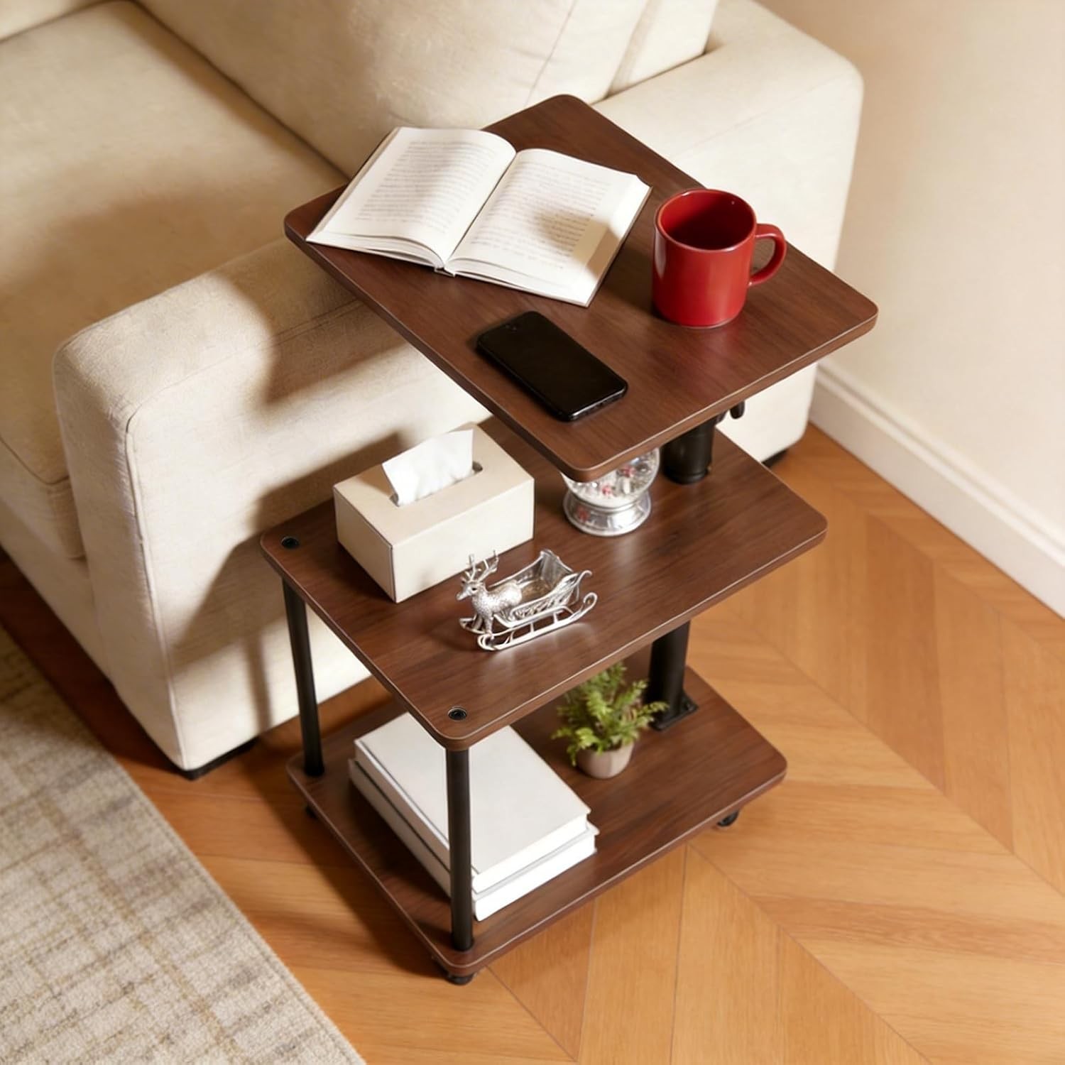 360° Swivel Side Table W/ Storage Height Adjustable Smooth-Rolling Wheels