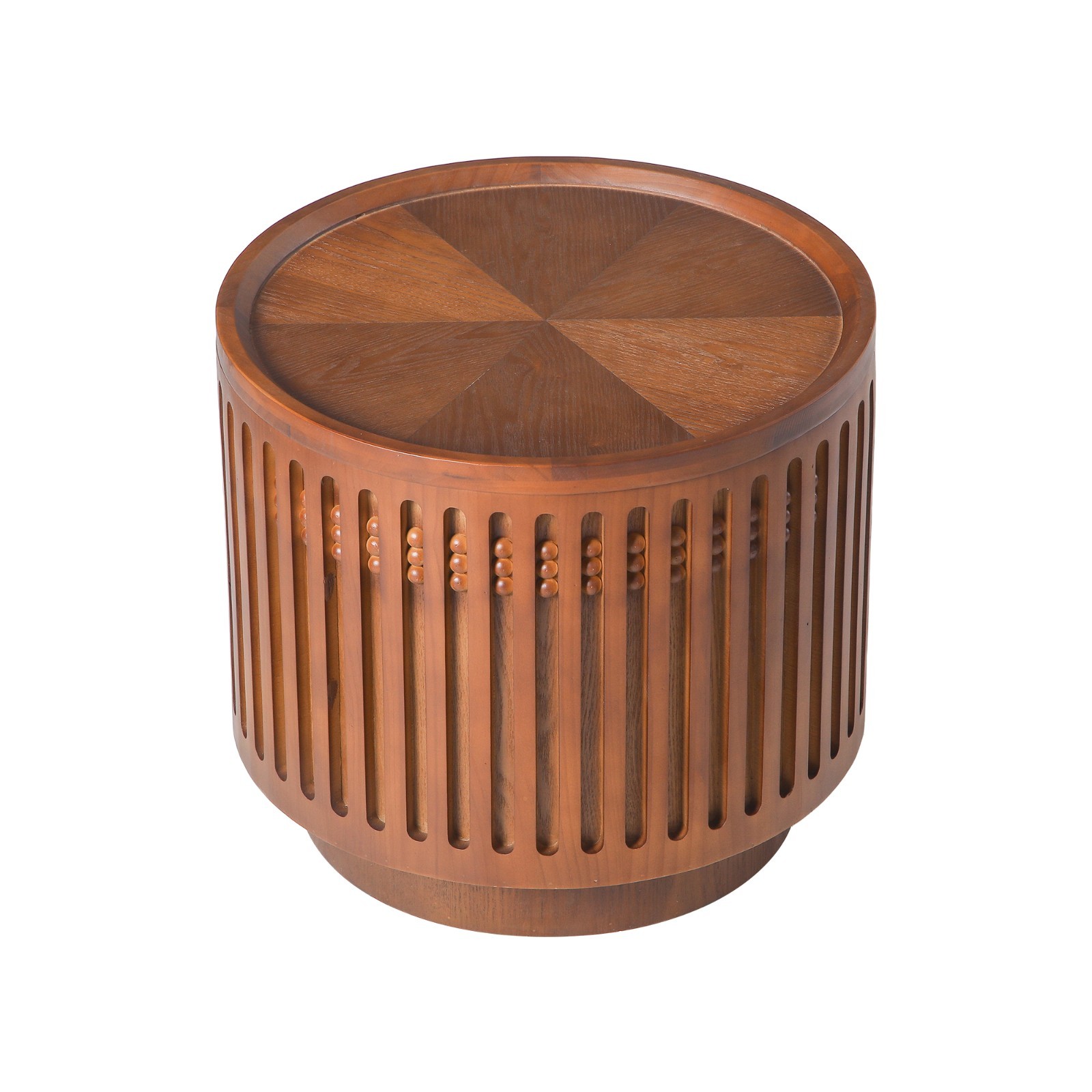 18.9 In Round Walnut Side End Table Cylinder Lattice Design with Hidden Storage