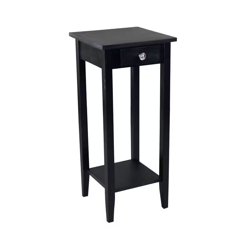 12 In. Square Black 27 In. Tall Square Wood End Table with Drawer and Shelf
