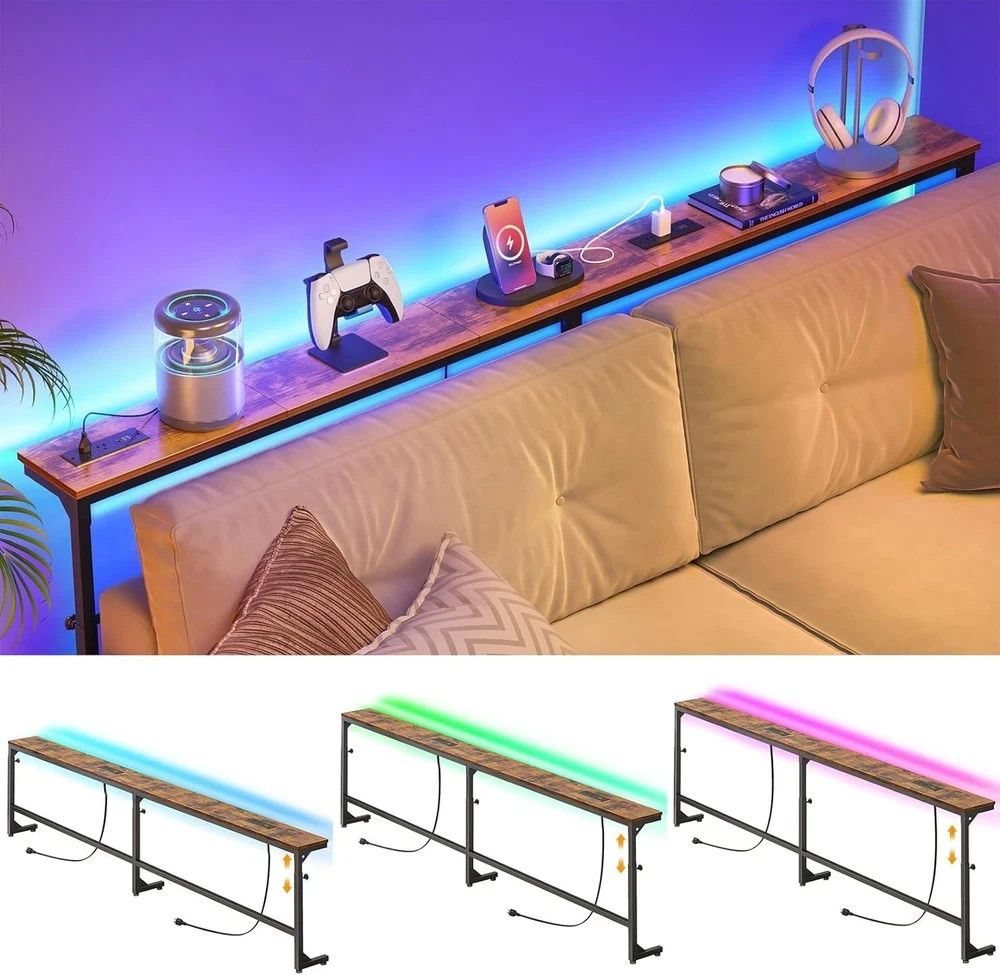 Adjustable Height Rustic Brown Sofa Table with LED Lights & Charging Station