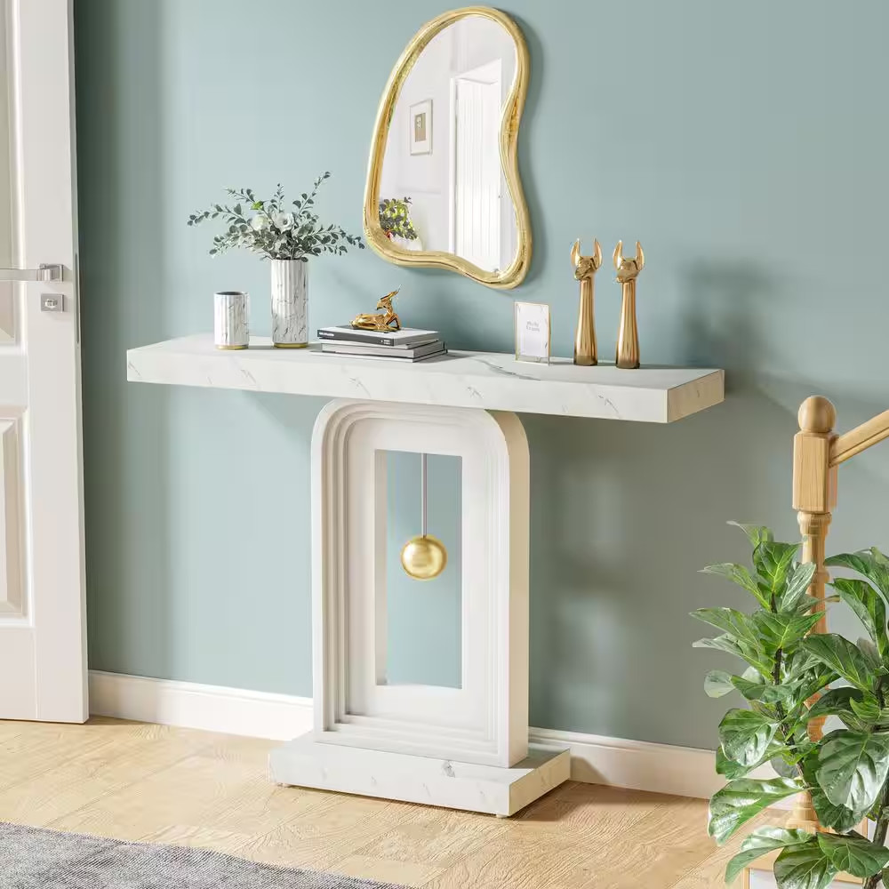 Turrella 39 In. White Rectangle Faux Marble Console Table Modern Sofa Table Narr